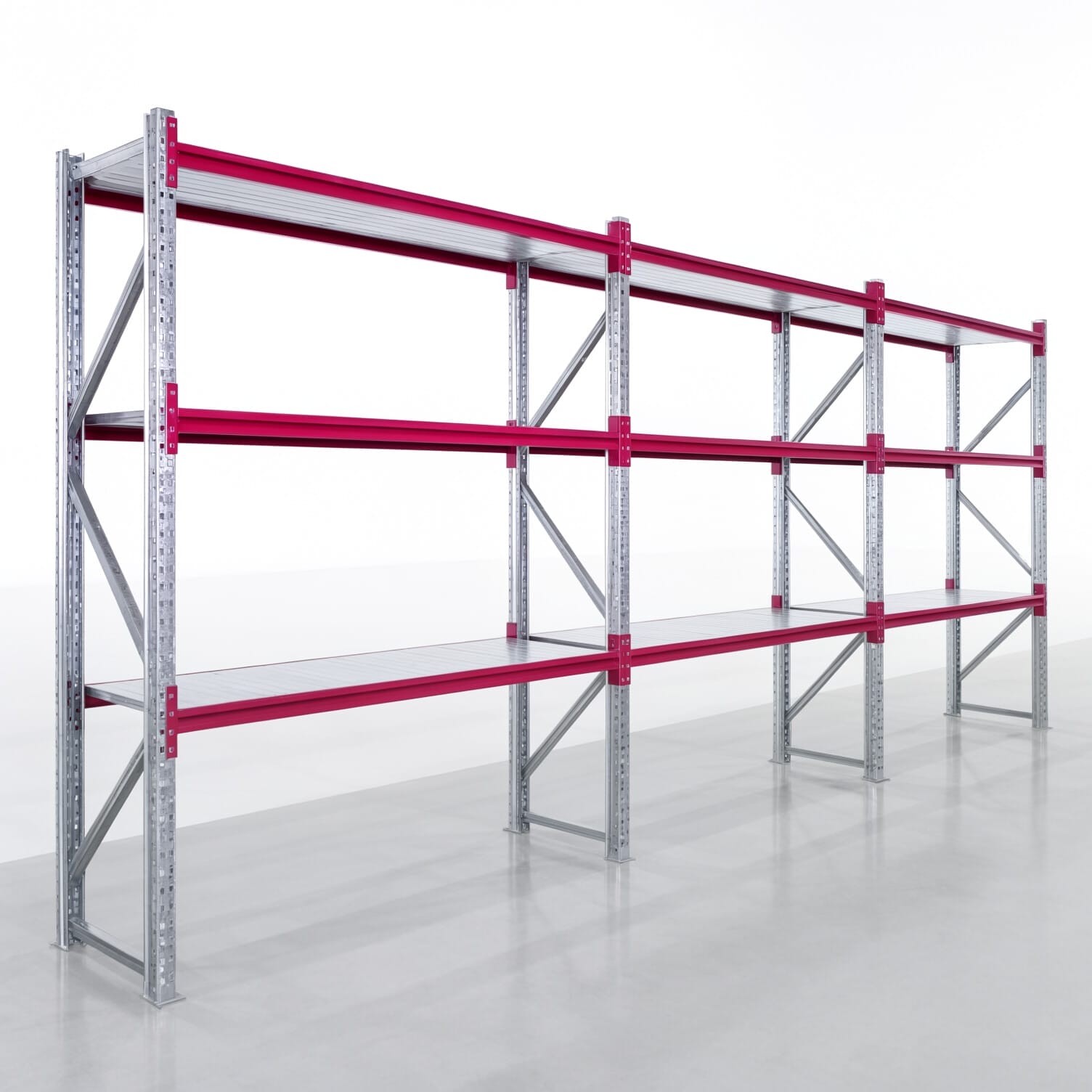 Weitspannregale WSX 5000, H: 2.400 mm, B: 6.233 mm mm, T: 600 mm, Ebenen: 4, Feldbreite: 2.000 mm, Auflage: Stahlboden